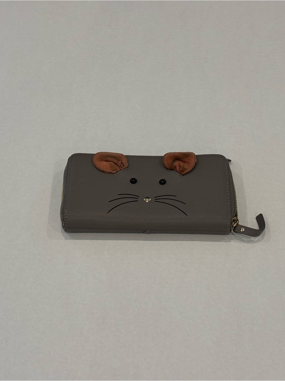 kate spade gray zip-around wallet with brown ear details